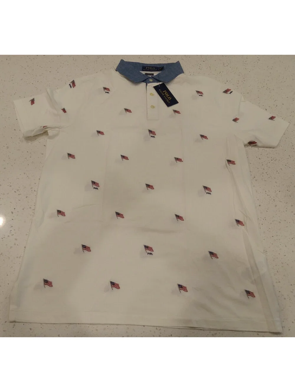 Polo Ralph Lauren Shirt Mens Large White American Flag Embroidered Blue Collar L